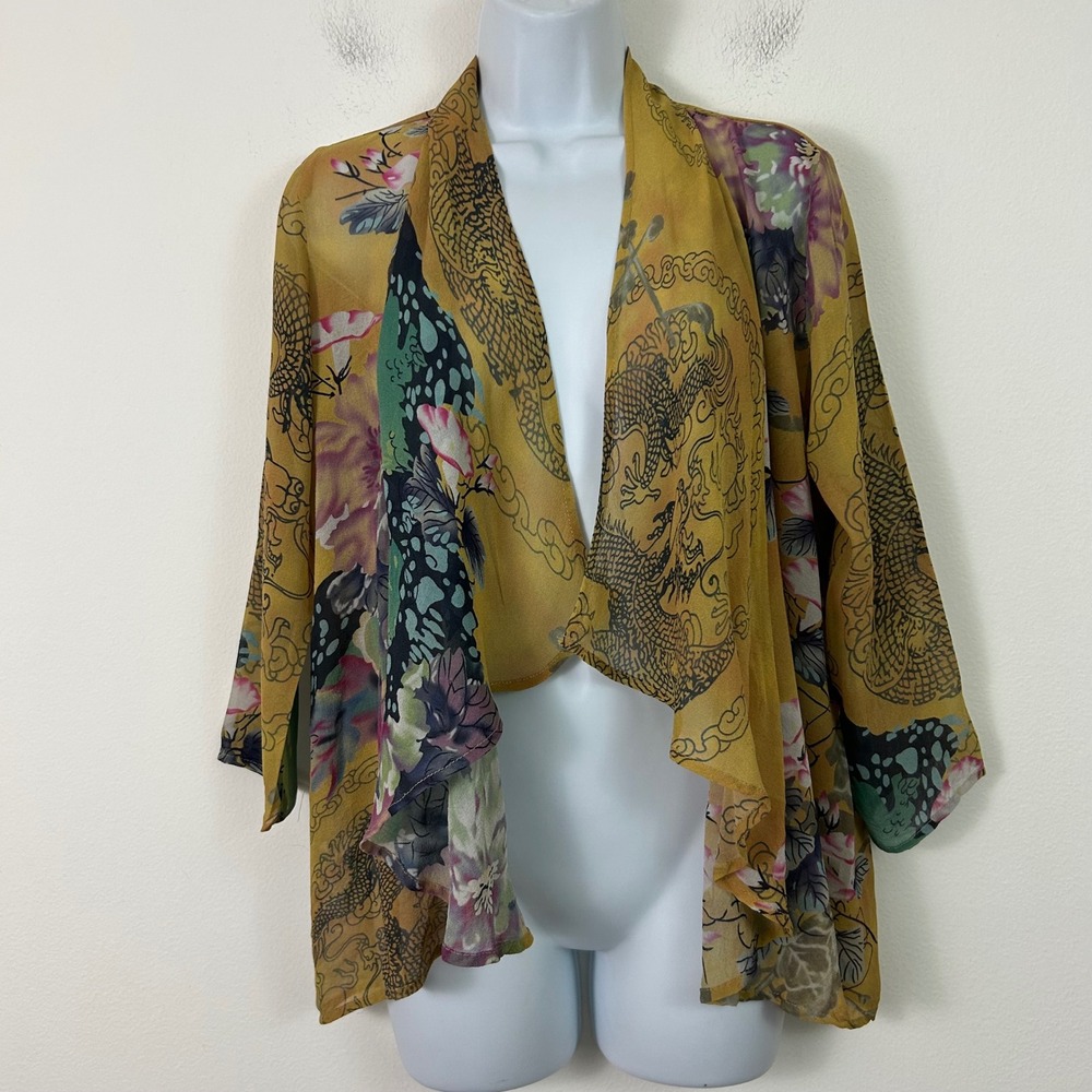 Citron Santa Monica 100% Silk Dragon Floral Open Front Kimono Cardigan Small